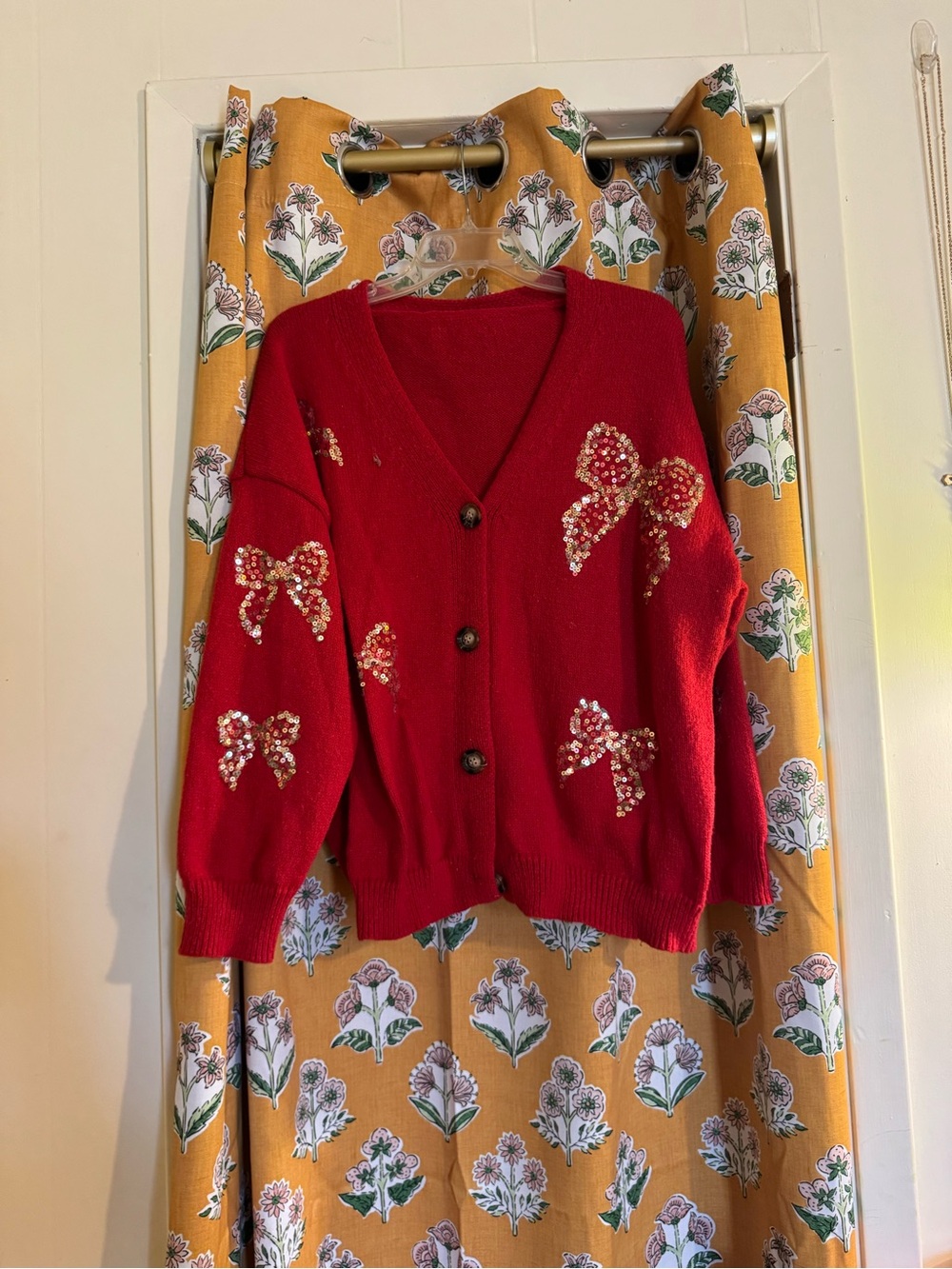 SHEIN Red Pearl & Sequin Bow Cardigan
